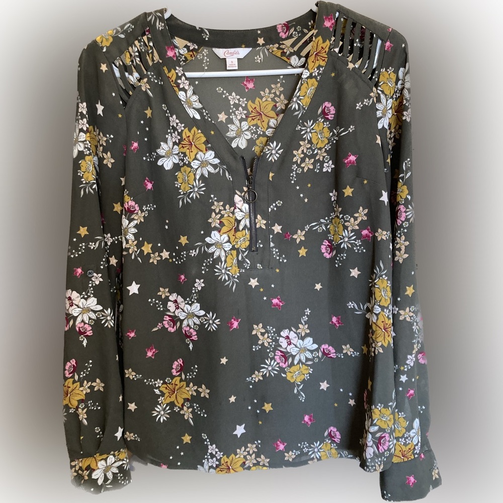 Candies Zip-Front Blouse with Shoulder Slit Detail Army Green Small